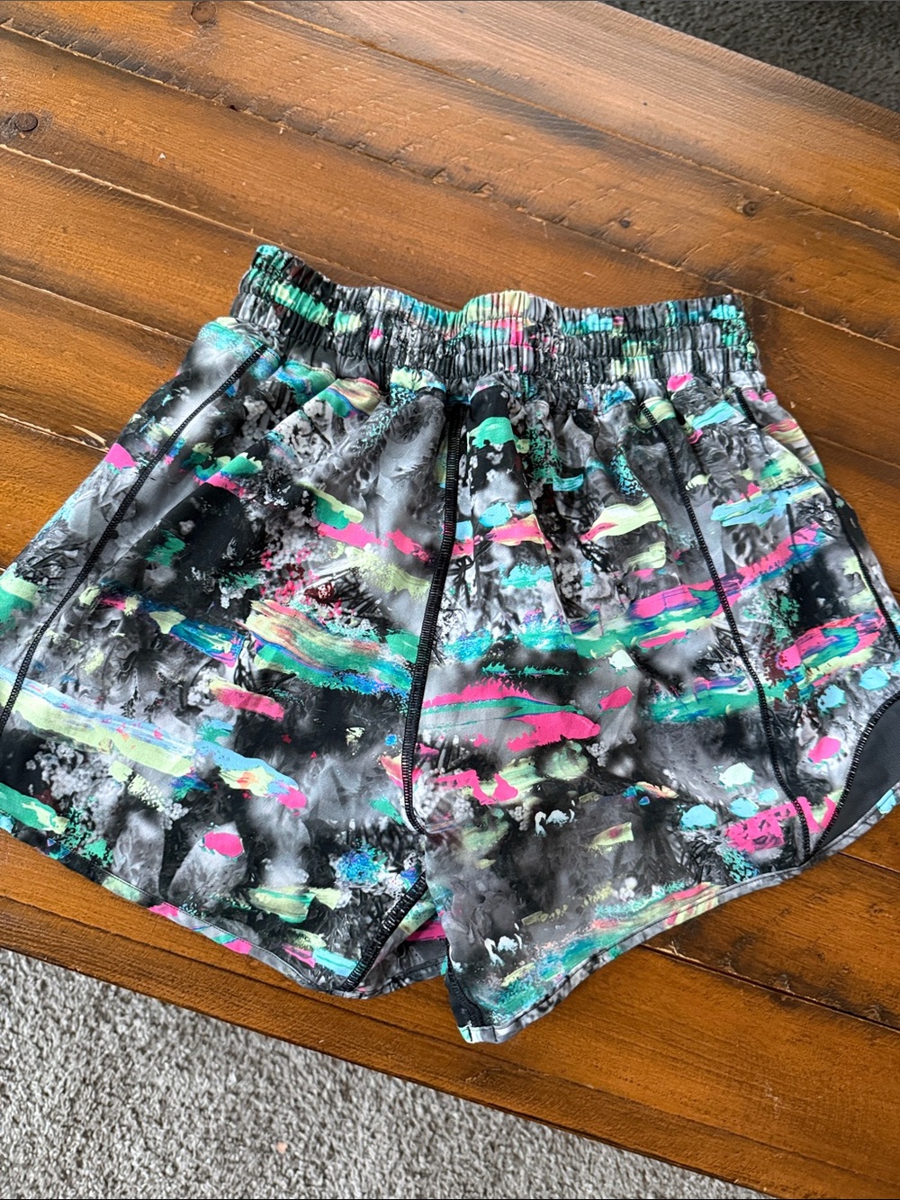 Women’s Black Abstract Print Athletic Shorts with Neon Accents